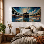 Panoramic painting of the Kaaba at Masjid al-Haram in Mecca surrounded by mosque arches reflecting on polished marble under a bright blue sky.