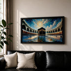 Panoramic painting of the Kaaba at Masjid al-Haram in Mecca surrounded by mosque arches reflecting on polished marble under a bright blue sky.