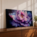 Panoramic painting of a large blooming peony flower with layered lavender, pink, and violet petals glowing against a deep dark background in a dramatic botanical composition.