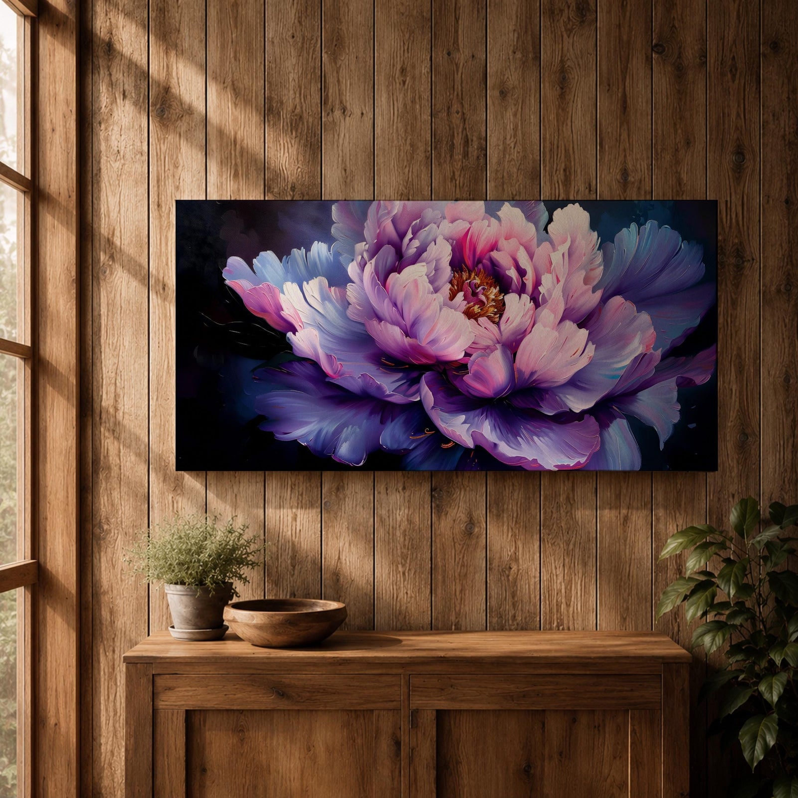 Panoramic painting of a large blooming peony flower with layered lavender, pink, and violet petals glowing against a deep dark background in a dramatic botanical composition.