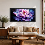 Panoramic painting of a large blooming peony flower with layered lavender, pink, and violet petals glowing against a deep dark background in a dramatic botanical composition.