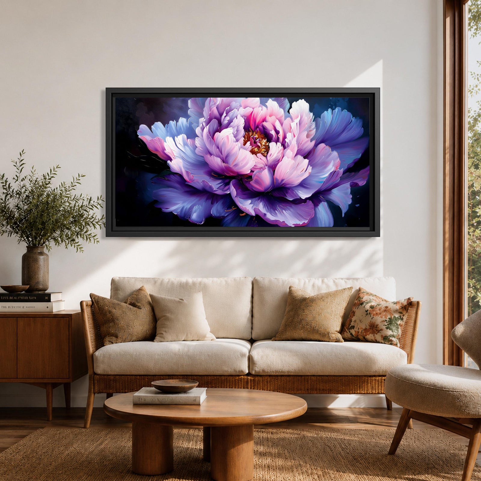 Panoramic painting of a large blooming peony flower with layered lavender, pink, and violet petals glowing against a deep dark background in a dramatic botanical composition.