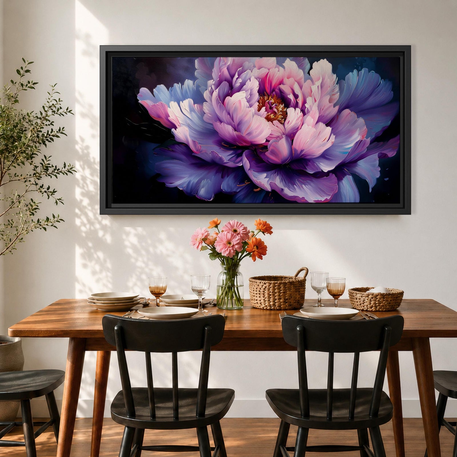 Panoramic painting of a large blooming peony flower with layered lavender, pink, and violet petals glowing against a deep dark background in a dramatic botanical composition.