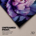 Panoramic painting of a large blooming peony flower with layered lavender, pink, and violet petals glowing against a deep dark background in a dramatic botanical composition.