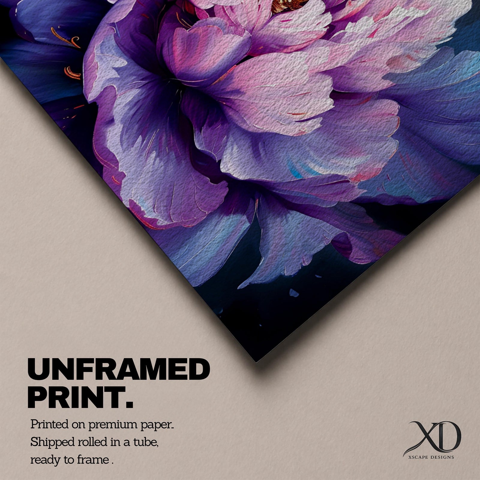 Panoramic painting of a large blooming peony flower with layered lavender, pink, and violet petals glowing against a deep dark background in a dramatic botanical composition.