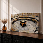 Panoramic painting of the Kaaba at Masjid al-Haram in Mecca surrounded by pilgrims circling the sacred structure within the grand mosque courtyard.