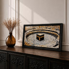 Panoramic painting of the Kaaba at Masjid al-Haram in Mecca surrounded by pilgrims circling the sacred structure within the grand mosque courtyard.