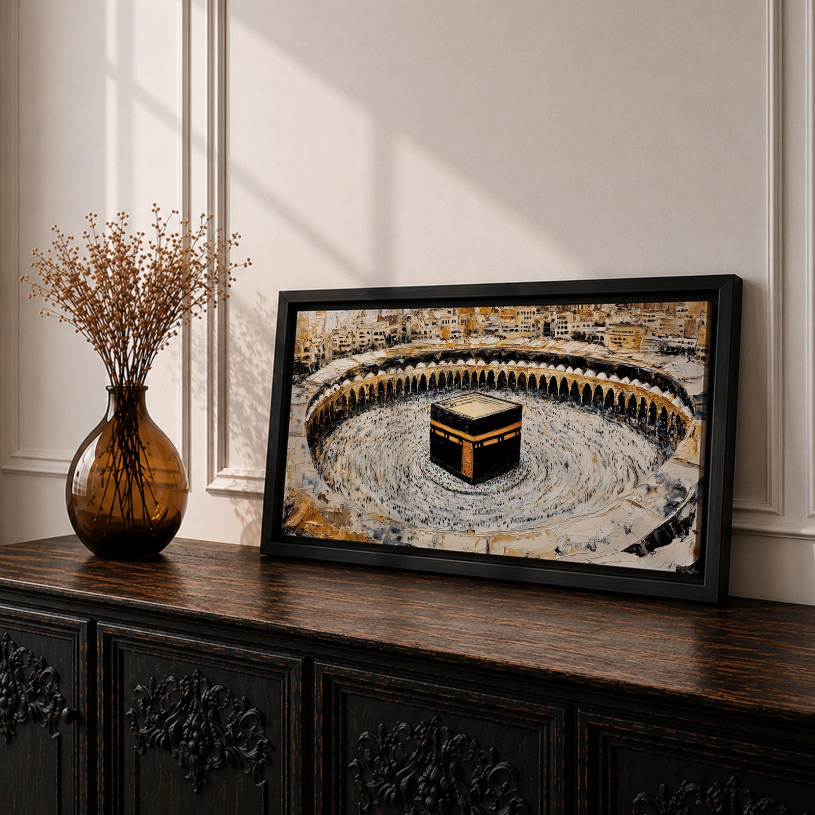 Panoramic painting of the Kaaba at Masjid al-Haram in Mecca surrounded by pilgrims circling the sacred structure within the grand mosque courtyard.