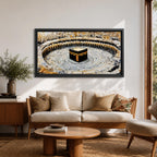 Panoramic painting of the Kaaba at Masjid al-Haram in Mecca surrounded by pilgrims circling the sacred structure within the grand mosque courtyard.