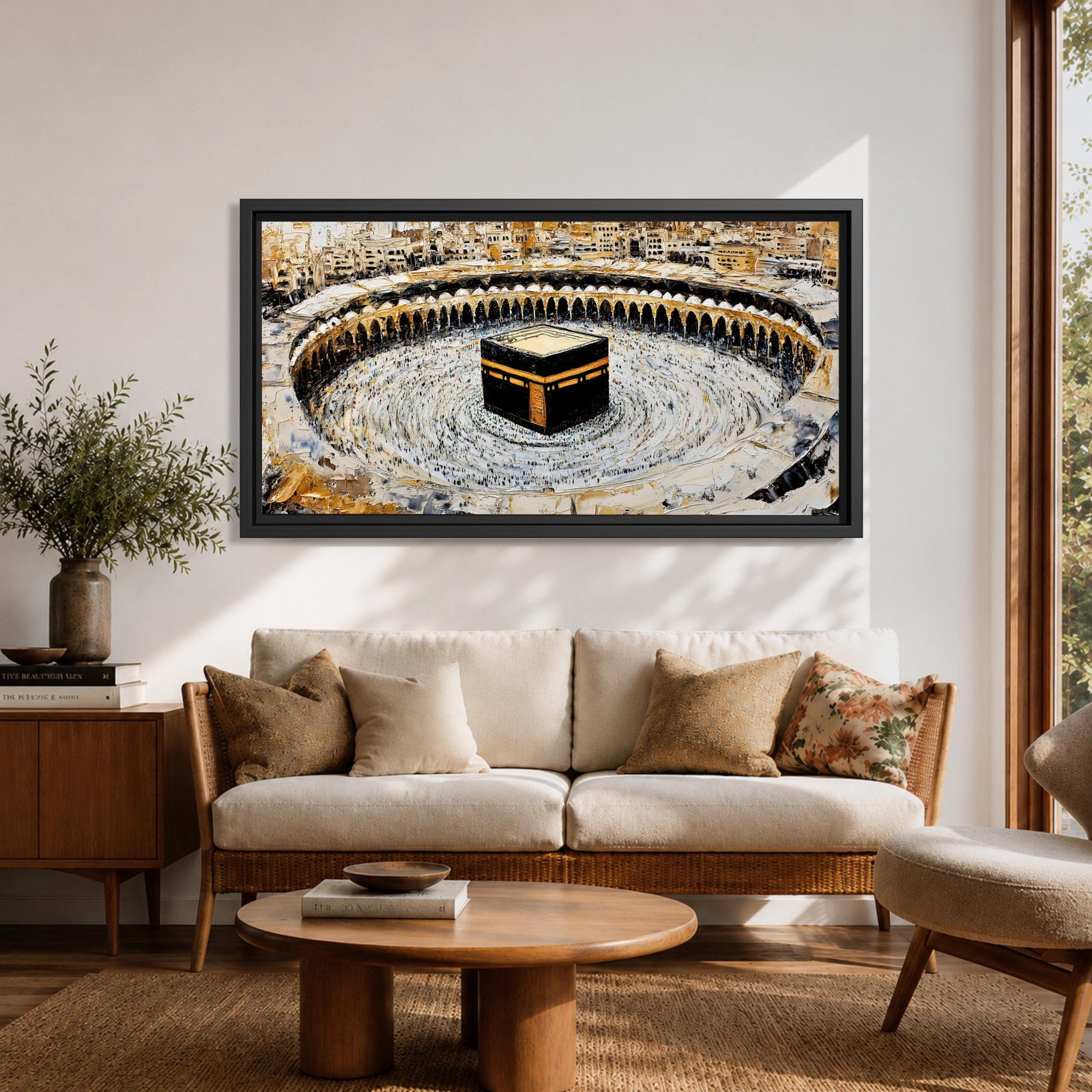 Panoramic painting of the Kaaba at Masjid al-Haram in Mecca surrounded by pilgrims circling the sacred structure within the grand mosque courtyard.