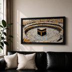 Panoramic painting of the Kaaba at Masjid al-Haram in Mecca surrounded by pilgrims circling the sacred structure within the grand mosque courtyard.