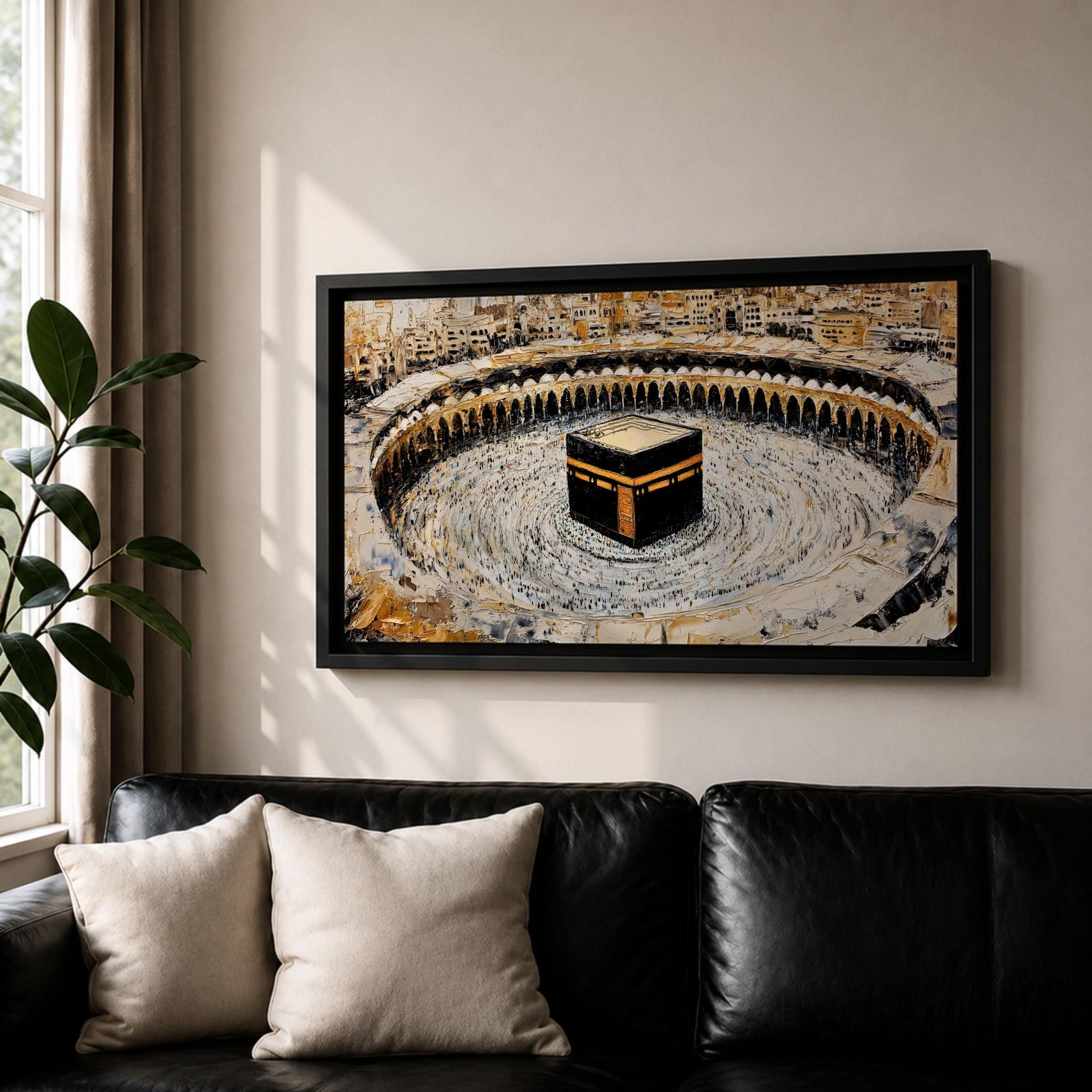 Panoramic painting of the Kaaba at Masjid al-Haram in Mecca surrounded by pilgrims circling the sacred structure within the grand mosque courtyard.