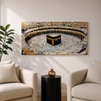 Panoramic painting of the Kaaba at Masjid al-Haram in Mecca surrounded by pilgrims circling the sacred structure within the grand mosque courtyard.