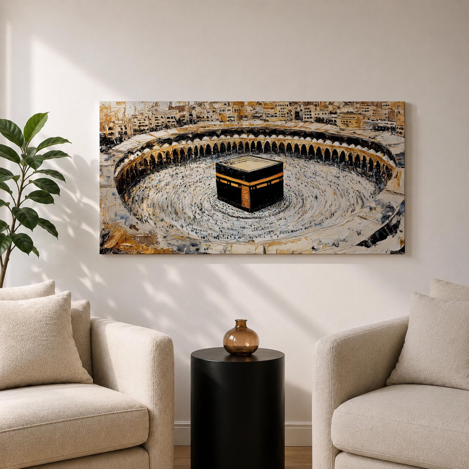 Panoramic painting of the Kaaba at Masjid al-Haram in Mecca surrounded by pilgrims circling the sacred structure within the grand mosque courtyard.