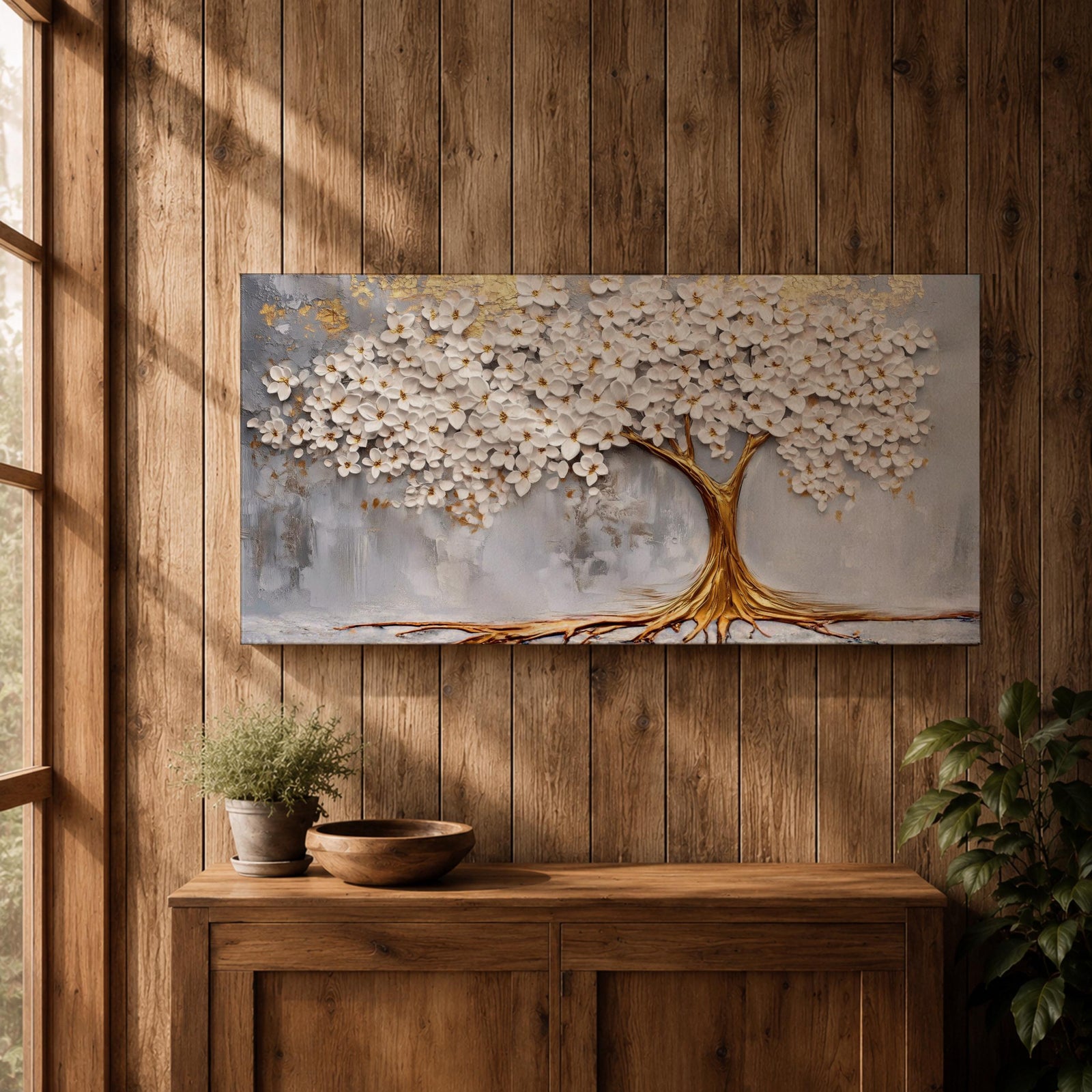 Panoramic artwork of a white blossoming tree with a flowing golden trunk and roots spreading across a textured gray background symbolizing the tree of life.