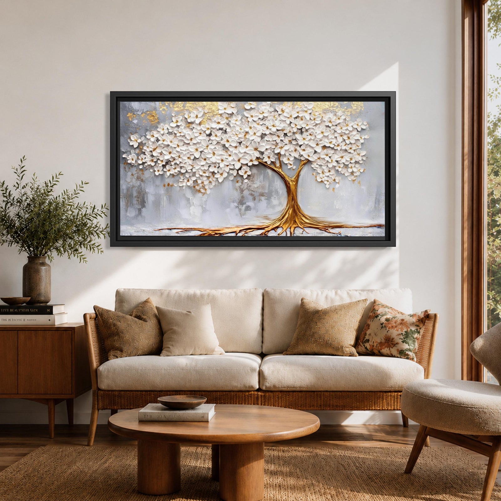 Panoramic artwork of a white blossoming tree with a flowing golden trunk and roots spreading across a textured gray background symbolizing the tree of life.