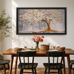 Panoramic artwork of a white blossoming tree with a flowing golden trunk and roots spreading across a textured gray background symbolizing the tree of life.