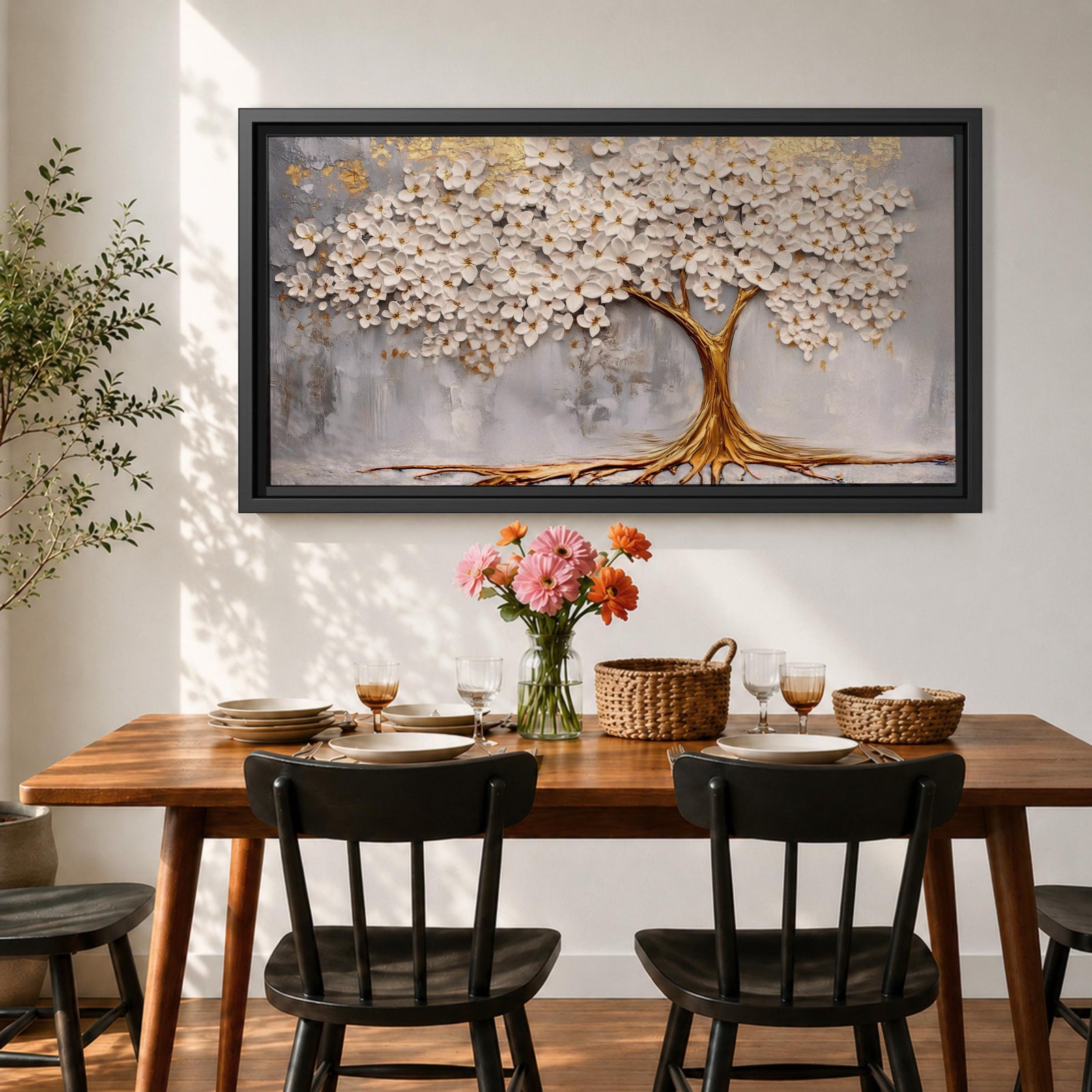 Panoramic artwork of a white blossoming tree with a flowing golden trunk and roots spreading across a textured gray background symbolizing the tree of life.