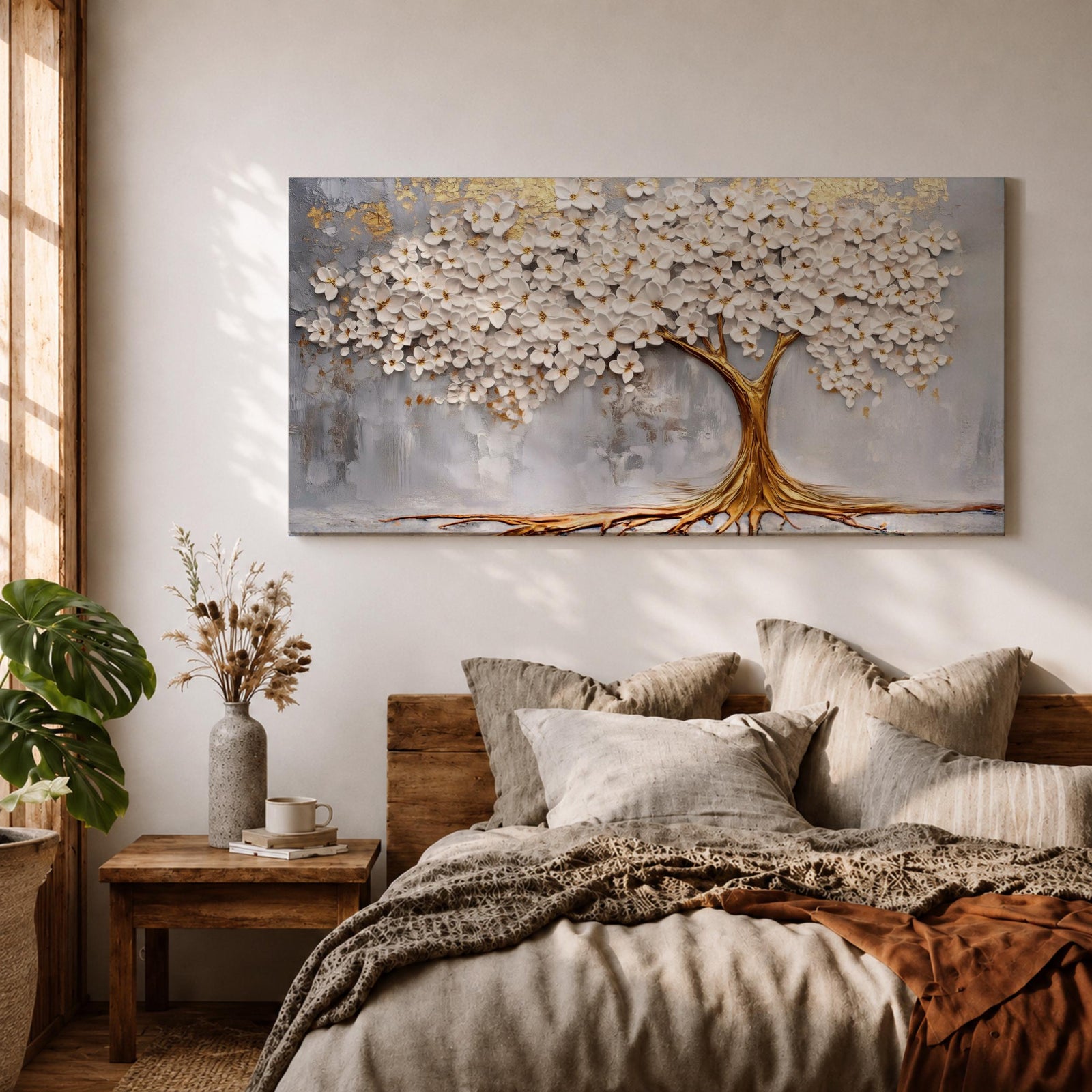Panoramic artwork of a white blossoming tree with a flowing golden trunk and roots spreading across a textured gray background symbolizing the tree of life.