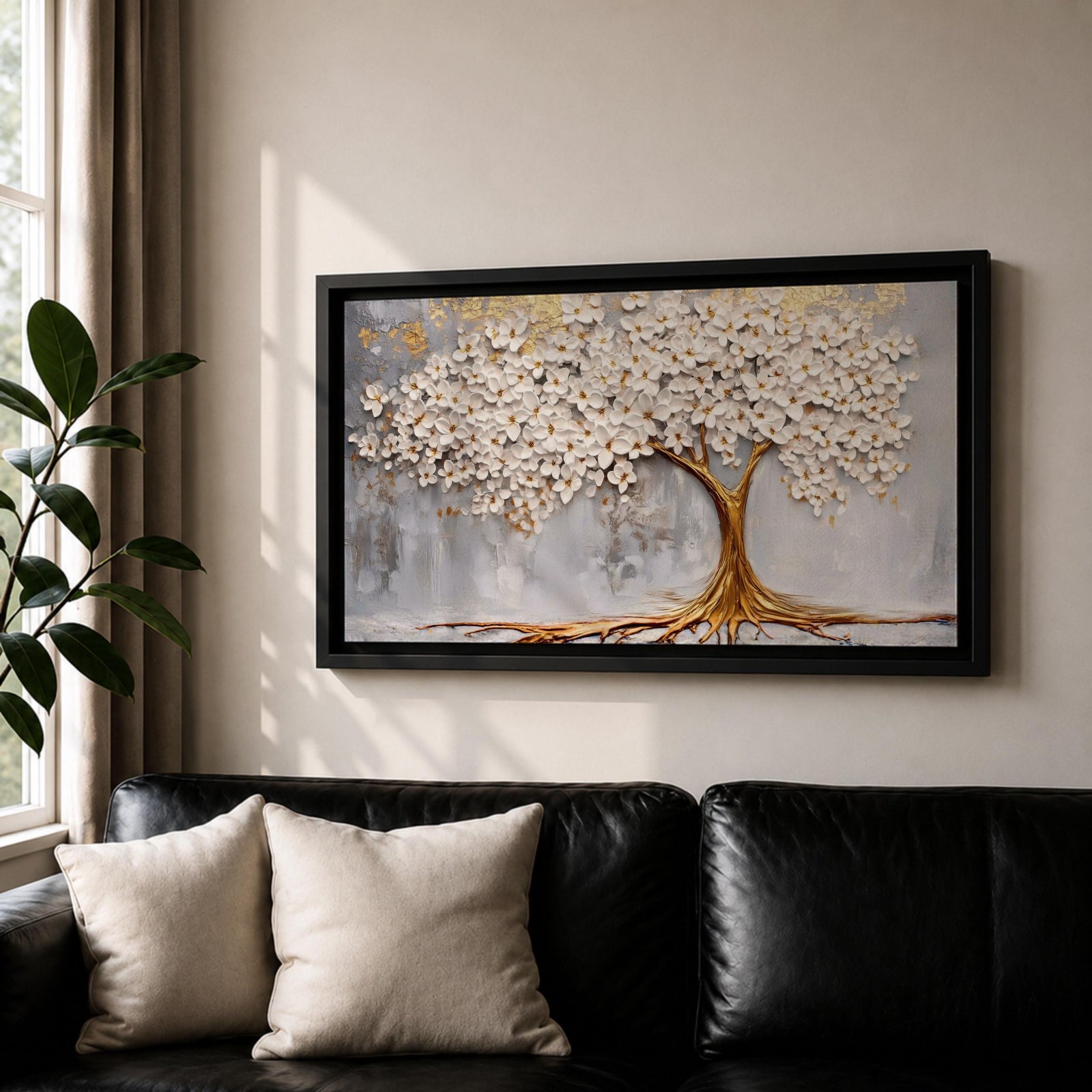 Panoramic artwork of a white blossoming tree with a flowing golden trunk and roots spreading across a textured gray background symbolizing the tree of life.