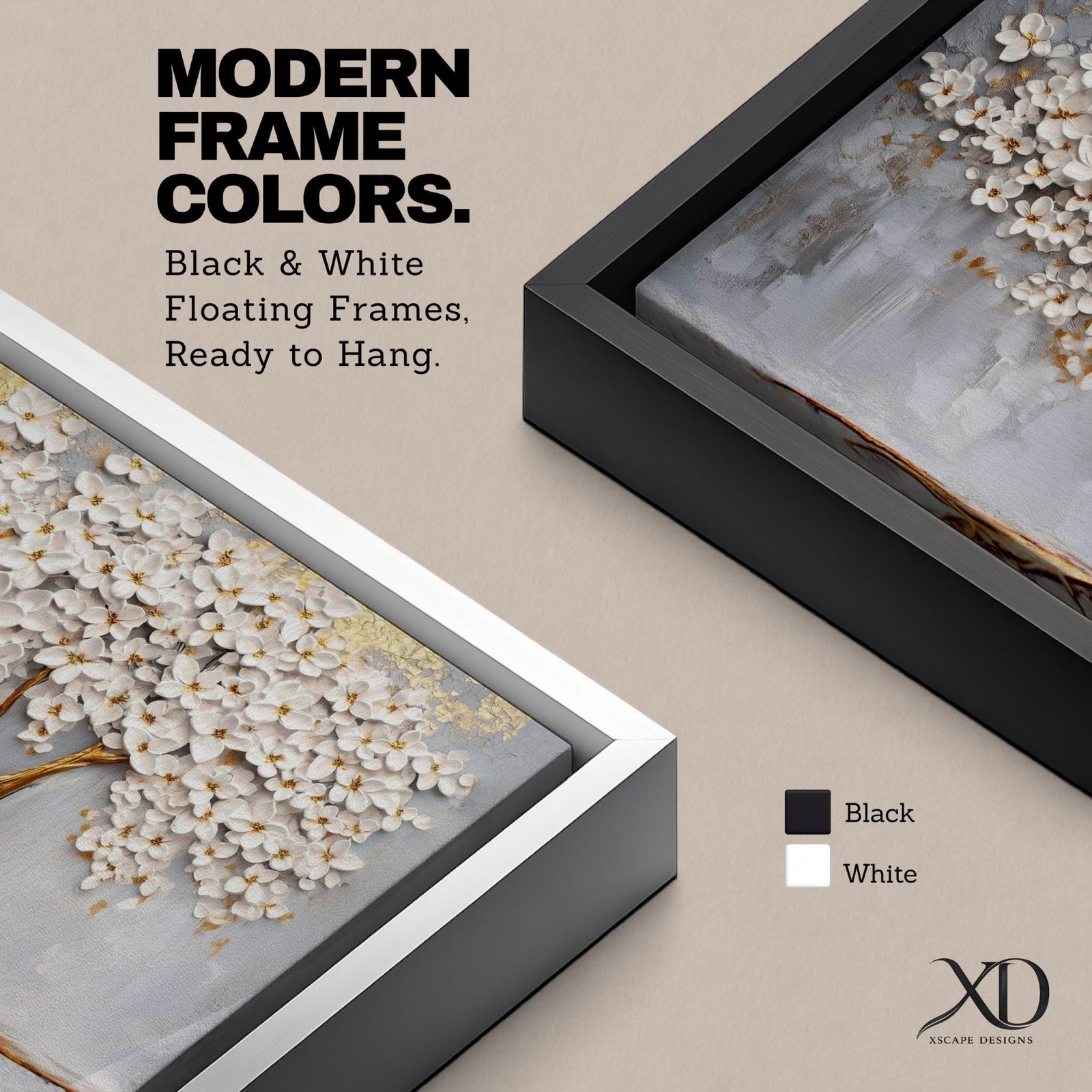 Panoramic artwork of a white blossoming tree with a flowing golden trunk and roots spreading across a textured gray background symbolizing the tree of life.
