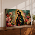 Panoramic painting of the Virgin Mary with hands in prayer surrounded by colorful flowers and a radiant golden halo in a devotional Catholic composition.
