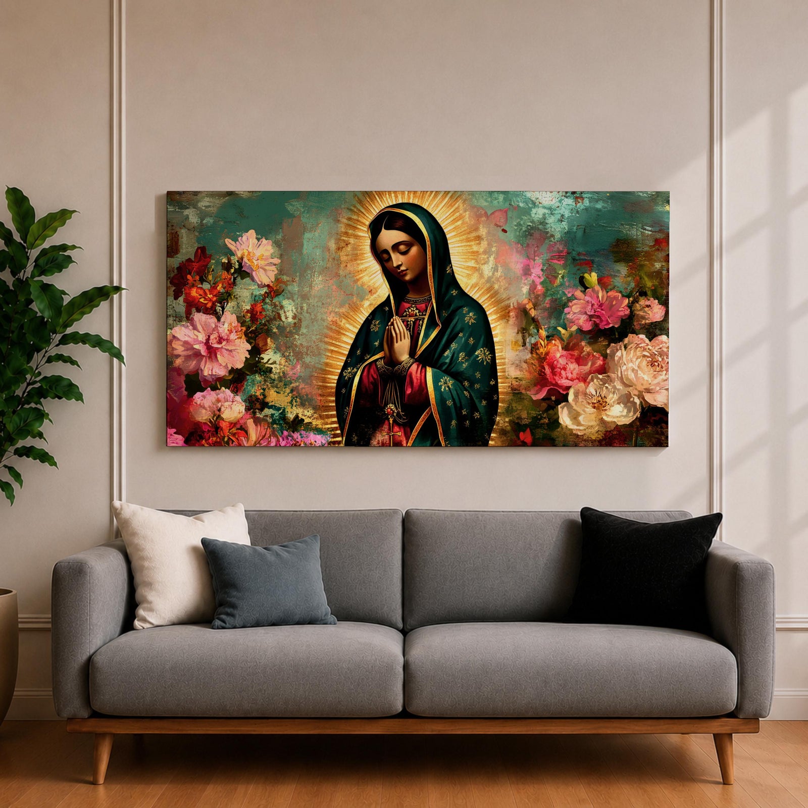 Panoramic painting of the Virgin Mary with hands in prayer surrounded by colorful flowers and a radiant golden halo in a devotional Catholic composition.