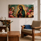 Panoramic painting of the Virgin Mary with hands in prayer surrounded by colorful flowers and a radiant golden halo in a devotional Catholic composition.