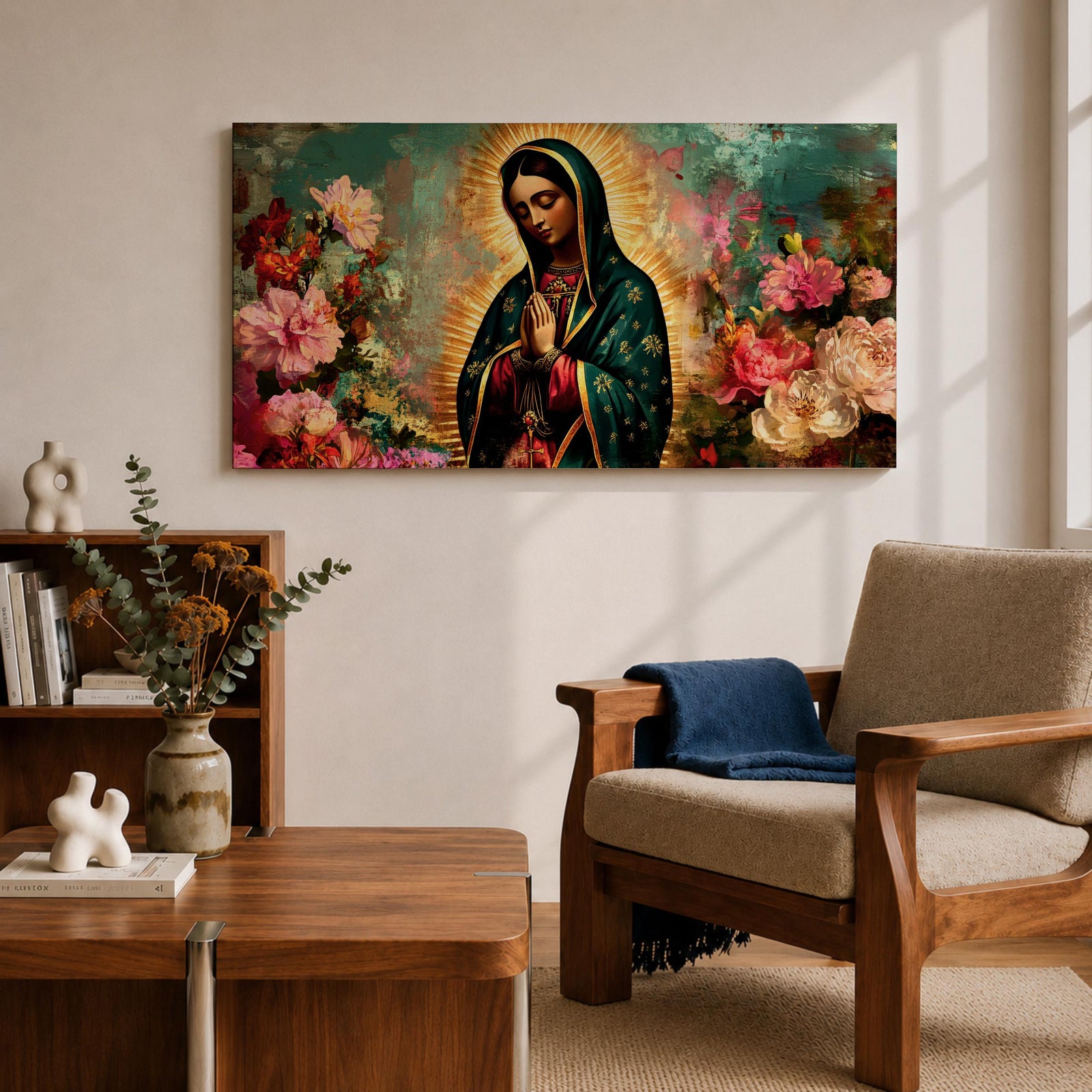 Panoramic painting of the Virgin Mary with hands in prayer surrounded by colorful flowers and a radiant golden halo in a devotional Catholic composition.