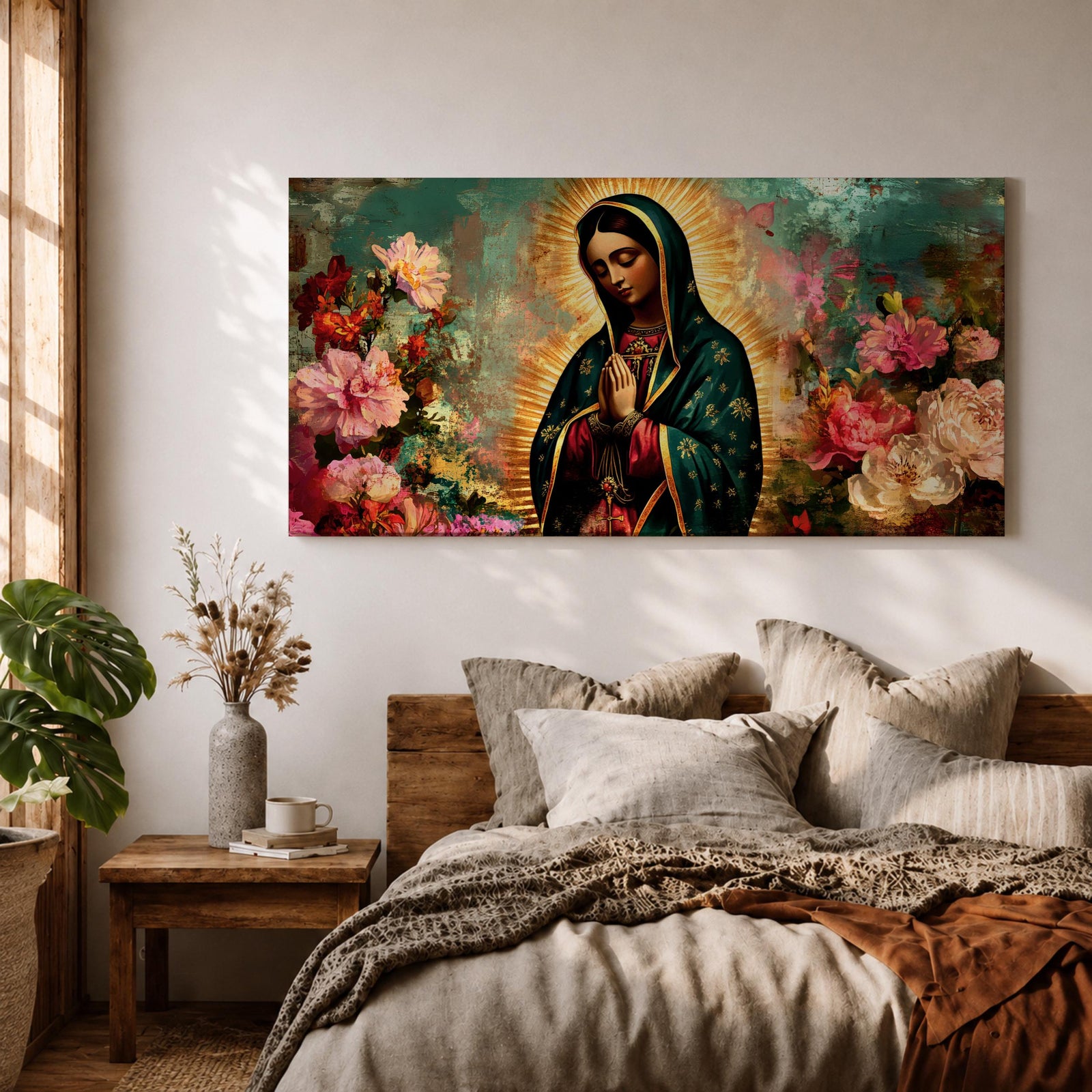 Panoramic painting of the Virgin Mary with hands in prayer surrounded by colorful flowers and a radiant golden halo in a devotional Catholic composition.