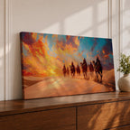 Panoramic painting of a camel caravan traveling across golden desert dunes at sunset with riders silhouetted beneath a vibrant dramatic sky.