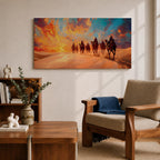 Panoramic painting of a camel caravan traveling across golden desert dunes at sunset with riders silhouetted beneath a vibrant dramatic sky.