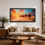 Panoramic painting of a camel caravan traveling across golden desert dunes at sunset with riders silhouetted beneath a vibrant dramatic sky.