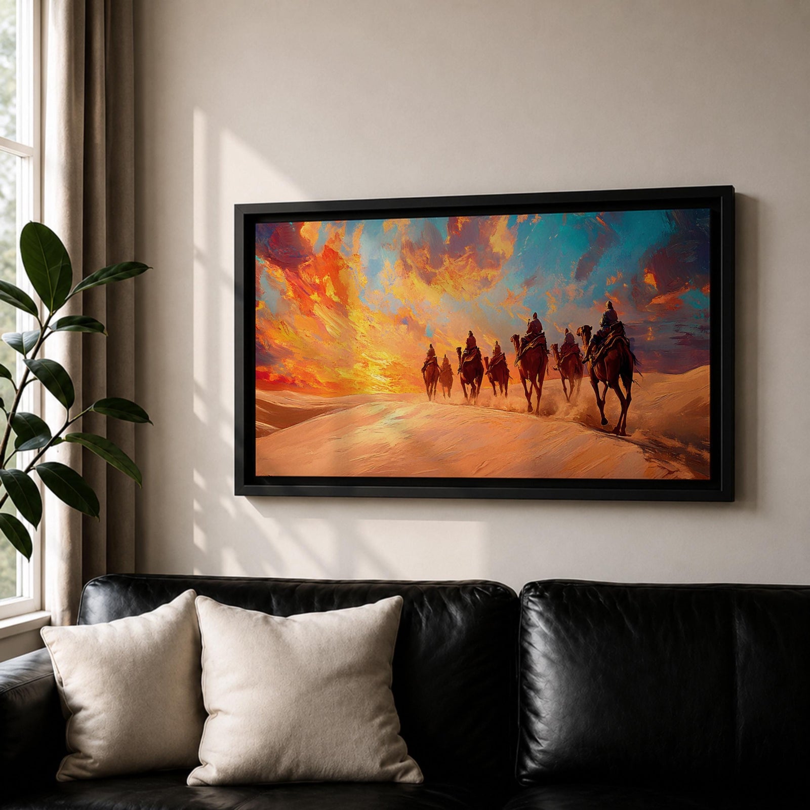 Panoramic painting of a camel caravan traveling across golden desert dunes at sunset with riders silhouetted beneath a vibrant dramatic sky.