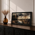 Panoramic painting of a quiet autumn river flowing through woodland trees beneath dramatic moody clouds in a peaceful countryside landscape.