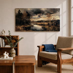 Panoramic painting of a quiet autumn river flowing through woodland trees beneath dramatic moody clouds in a peaceful countryside landscape.