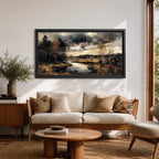 Panoramic painting of a quiet autumn river flowing through woodland trees beneath dramatic moody clouds in a peaceful countryside landscape.