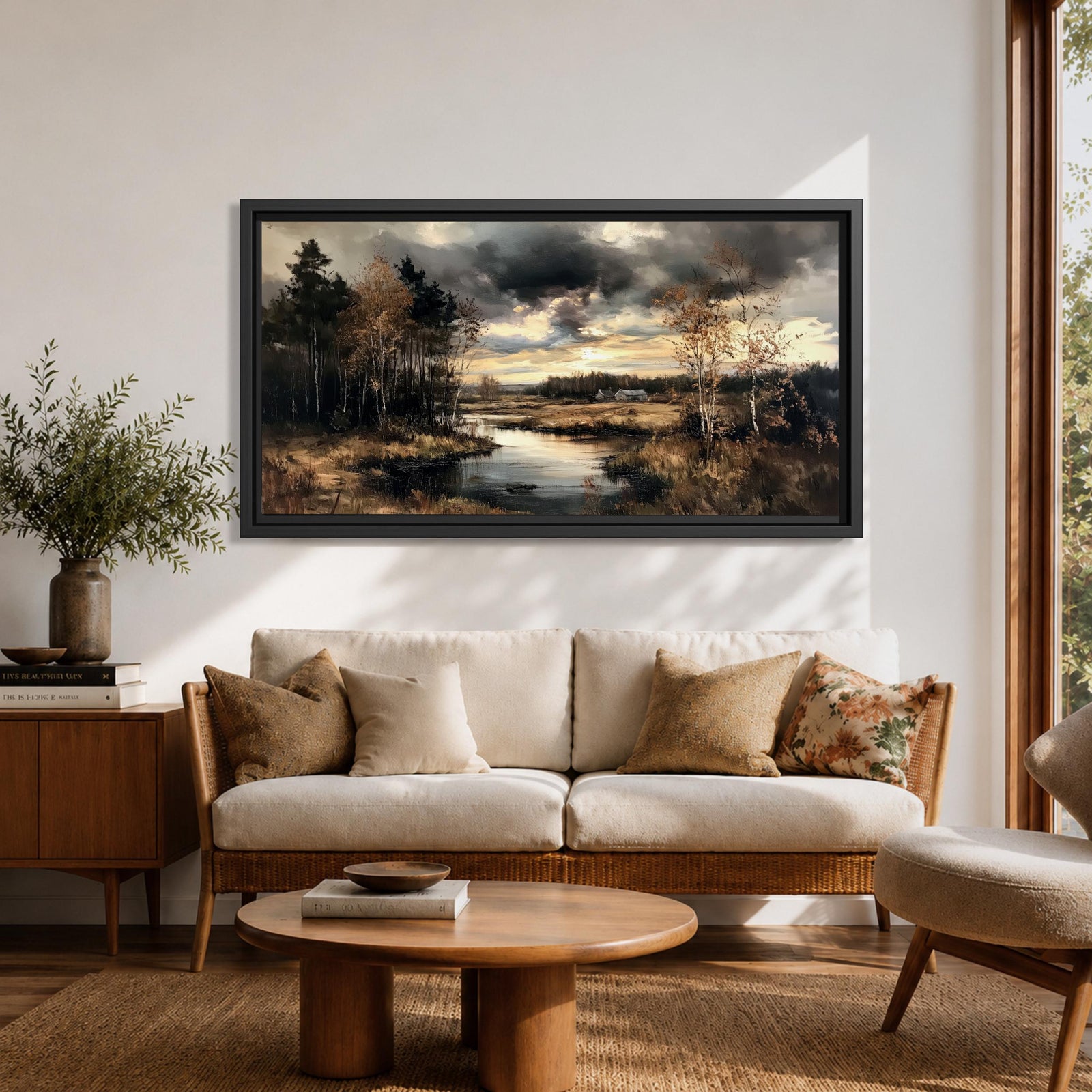 Panoramic painting of a quiet autumn river flowing through woodland trees beneath dramatic moody clouds in a peaceful countryside landscape.