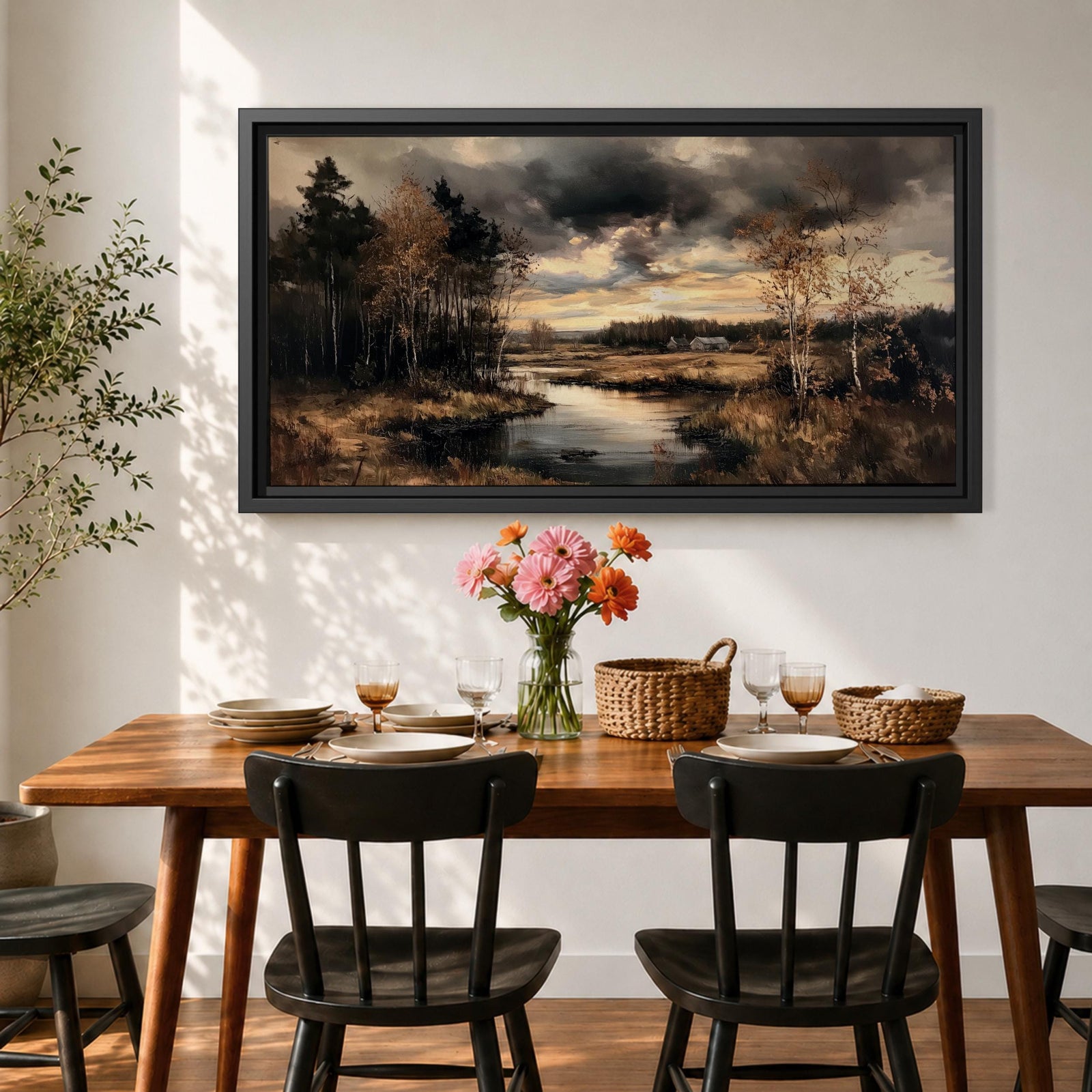 Panoramic painting of a quiet autumn river flowing through woodland trees beneath dramatic moody clouds in a peaceful countryside landscape.