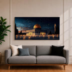 Panoramic night view of the Dome of the Rock illuminated beneath a starry sky within the sacred Haram al-Sharif complex in Jerusalem.