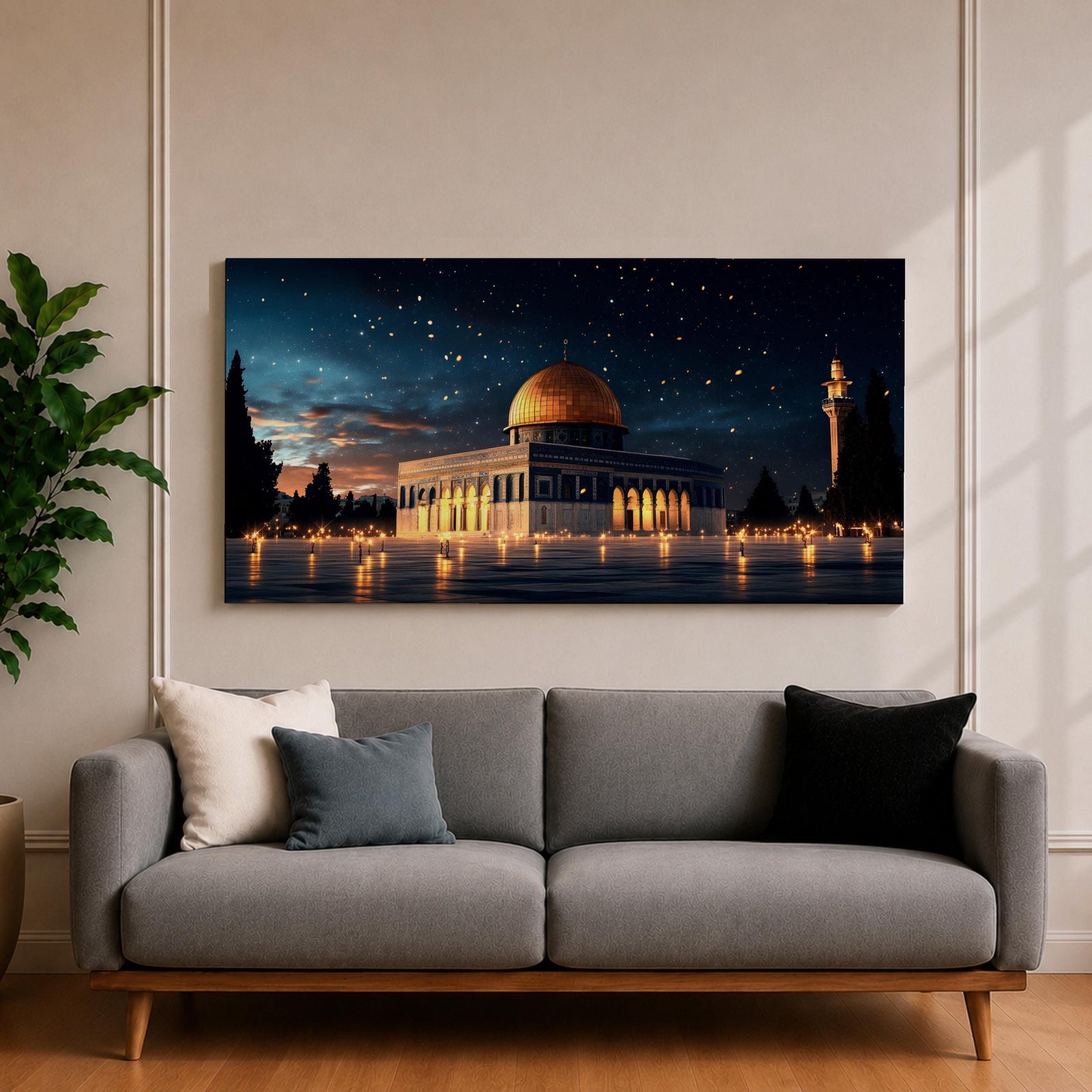 Panoramic night view of the Dome of the Rock illuminated beneath a starry sky within the sacred Haram al-Sharif complex in Jerusalem.