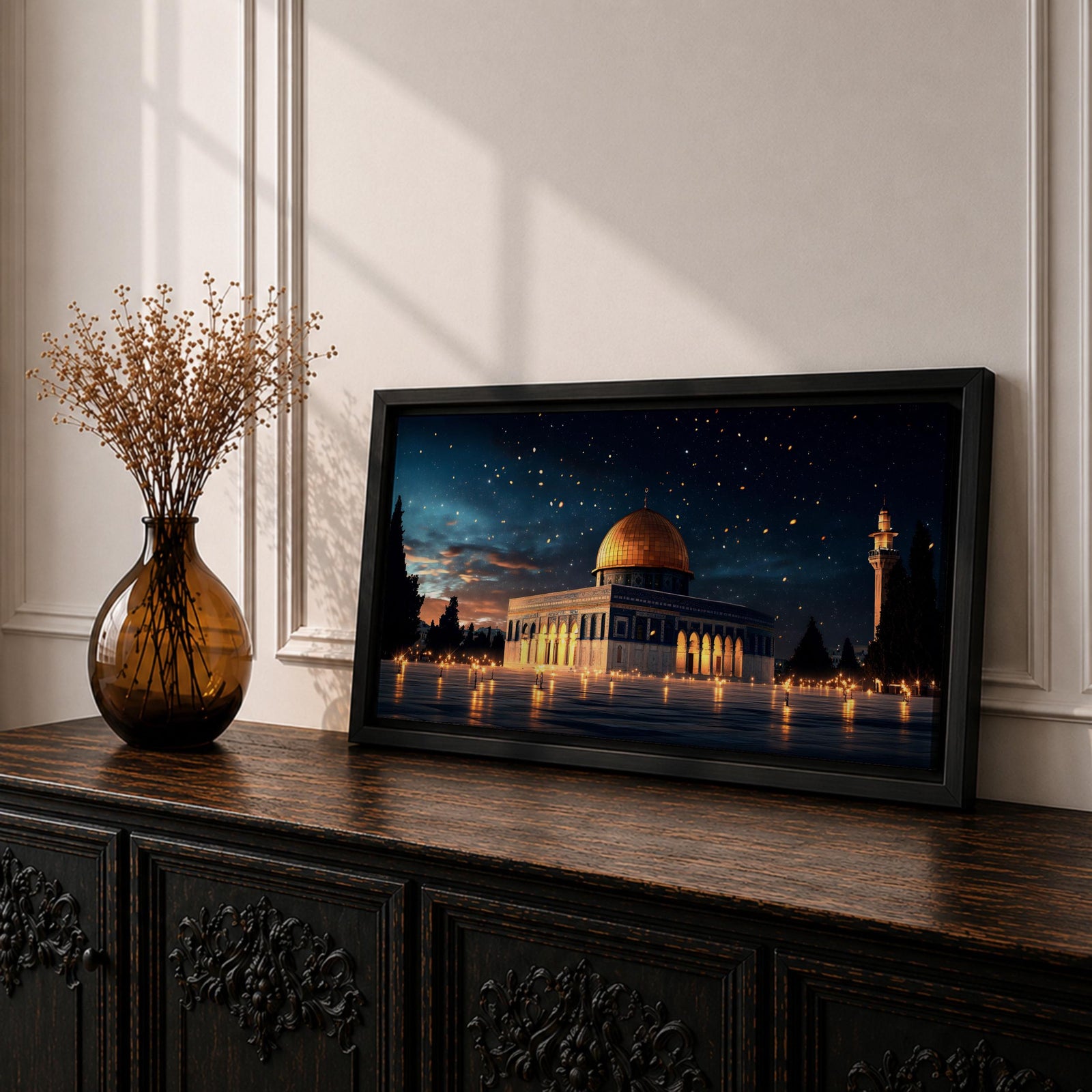 Panoramic night view of the Dome of the Rock illuminated beneath a starry sky within the sacred Haram al-Sharif complex in Jerusalem.