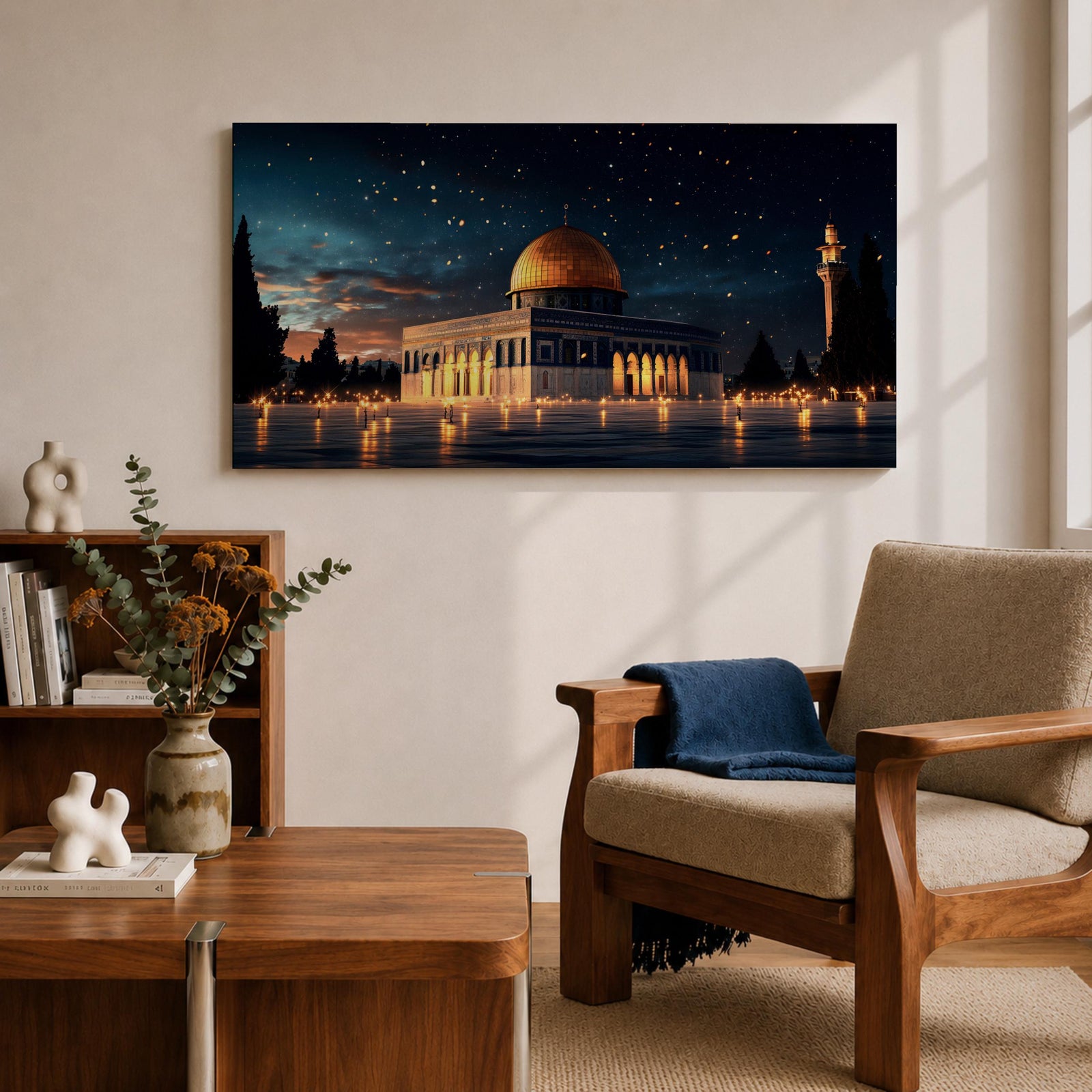 Panoramic night view of the Dome of the Rock illuminated beneath a starry sky within the sacred Haram al-Sharif complex in Jerusalem.