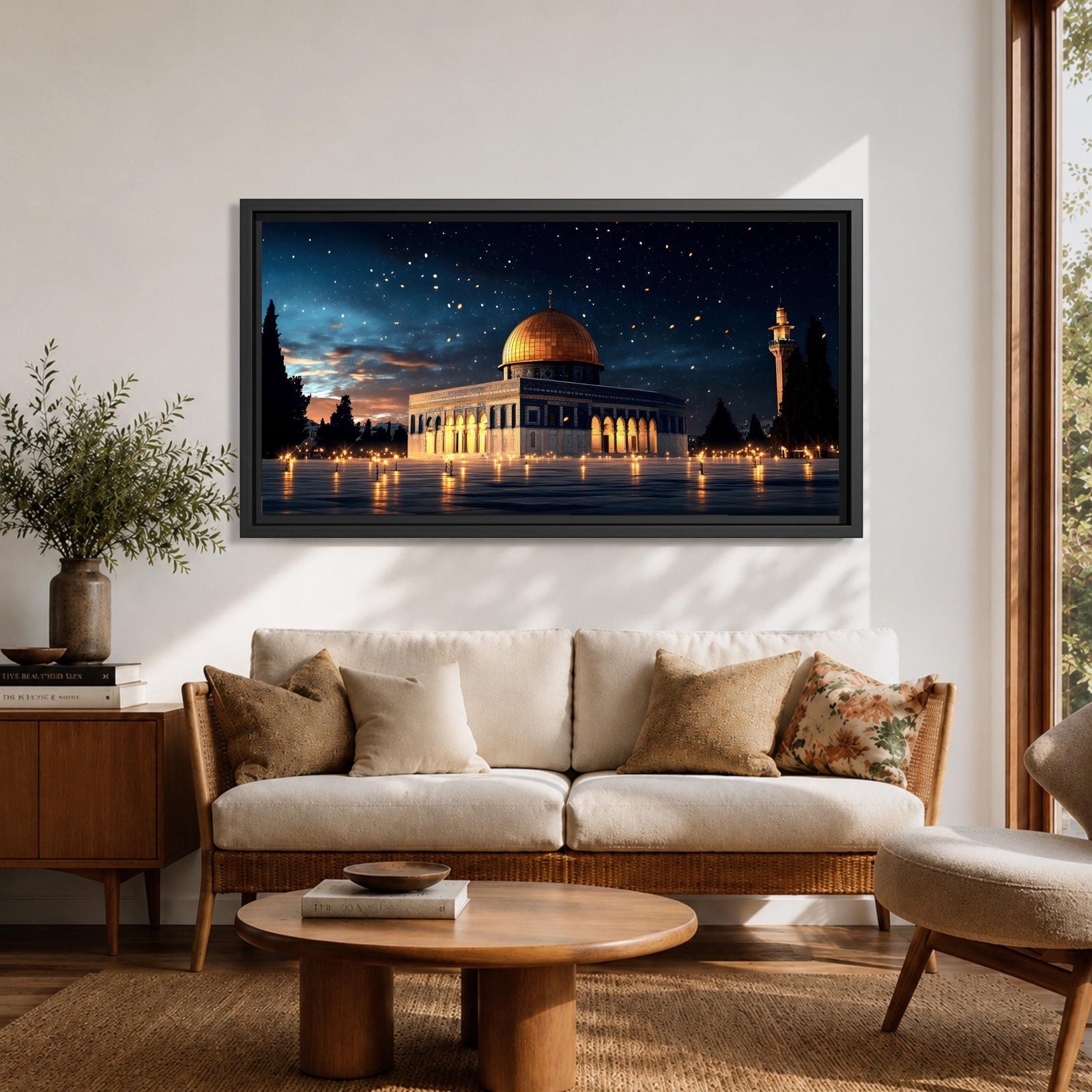 Panoramic night view of the Dome of the Rock illuminated beneath a starry sky within the sacred Haram al-Sharif complex in Jerusalem.