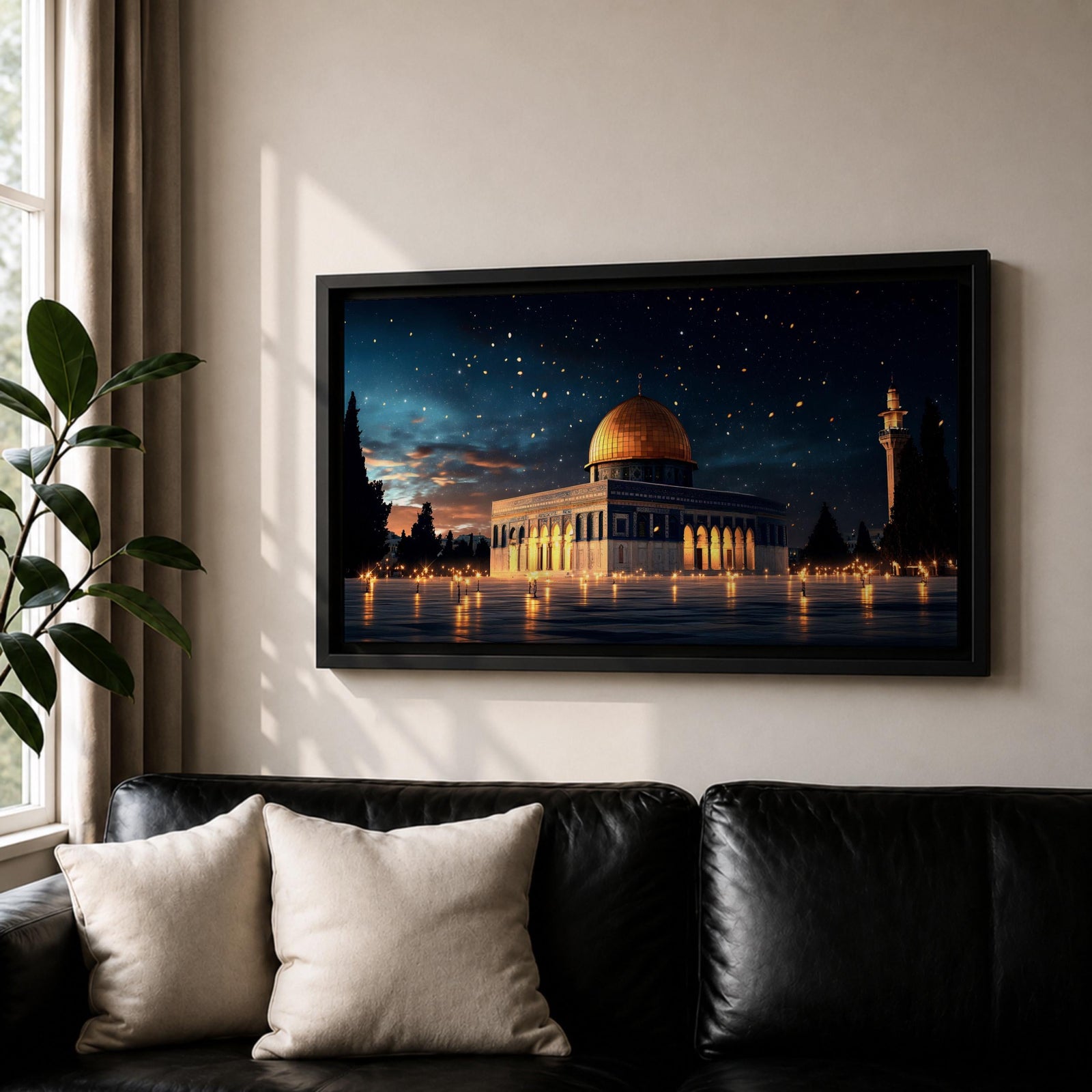Panoramic night view of the Dome of the Rock illuminated beneath a starry sky within the sacred Haram al-Sharif complex in Jerusalem.
