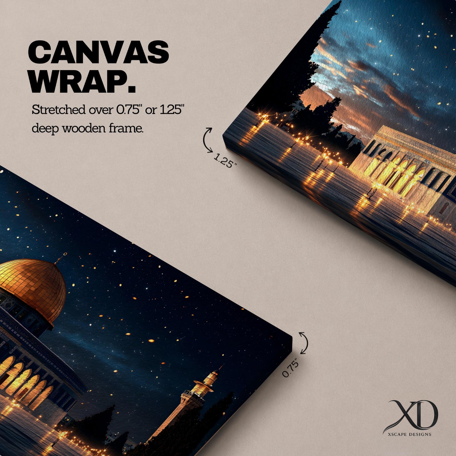 Panoramic night view of the Dome of the Rock illuminated beneath a starry sky within the sacred Haram al-Sharif complex in Jerusalem.