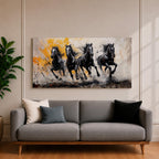 Panoramic painting of powerful black horses galloping forward through splashing water with dramatic abstract gold accents.