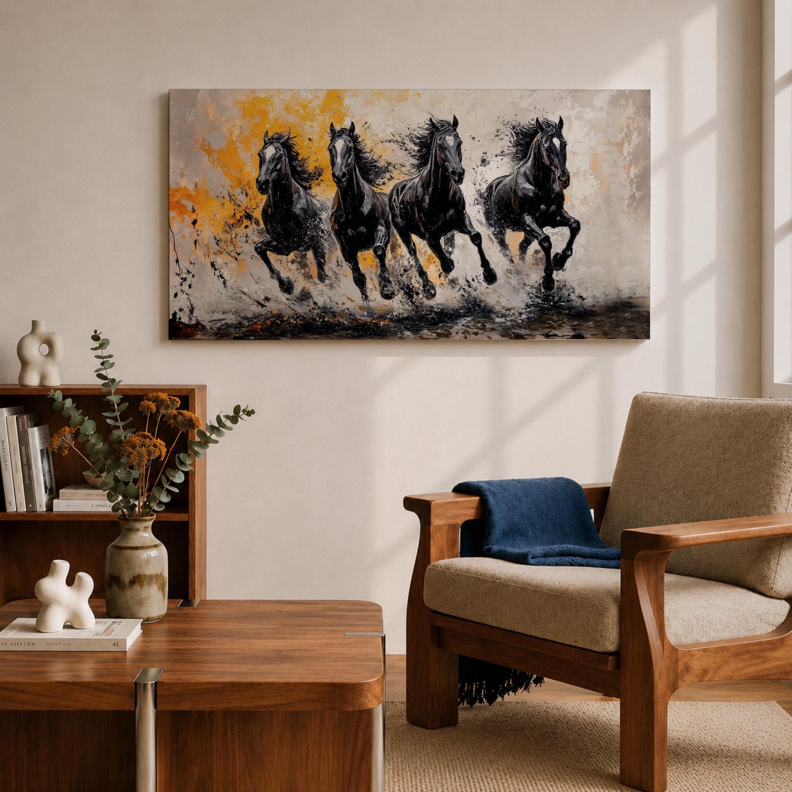 Panoramic painting of powerful black horses galloping forward through splashing water with dramatic abstract gold accents.