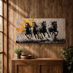 Panoramic painting of powerful black horses galloping forward through splashing water with dramatic abstract gold accents.