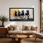 Panoramic painting of powerful black horses galloping forward through splashing water with dramatic abstract gold accents.